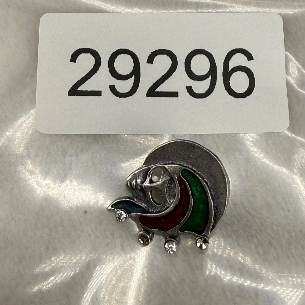 Vintage Signed Masquerade Mask Pin Silver Green Magenta Enamel Rhinestone